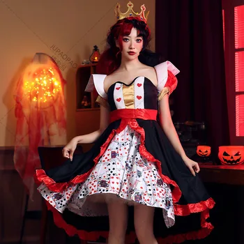 Костюмы на Хэллоуин, Красная Королева покер печатных платья для женщин Алиса в стране чудес персик сердце королевы костюм персонажа сексуальное платье