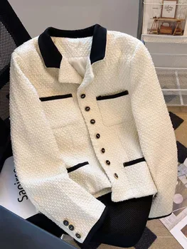 Осенне-зимний женский твидовый пиджак контрастного цвета, Офисный женский Однобортный карман, ретро французское шерстяное универсальное пальто, верхняя одежда