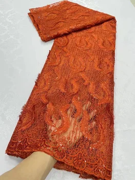 Африканская Кружевная Ткань с блестками 2023 Оранжевого Цвета, Высококачественная Нигерийская Французская Тюлевая Кружевная ткань 5 ярдов для пошива свадебного платья