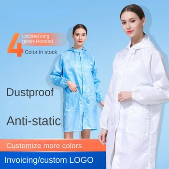 Электростатический халат, пылезащитный защитный комбинезон на молнии, заводская мастерская Foxconn, чистое пальто с кепкой синего и белого цветов