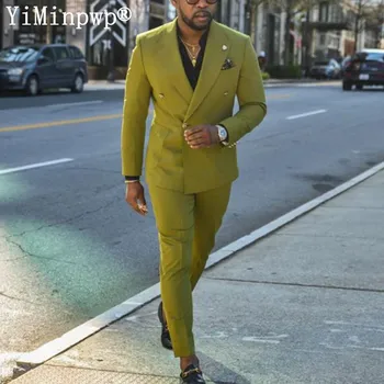 Оливково-зеленые Костюмы для мужчин 2023, Свадебный деловой костюм с двойным Отворотом, Комплекты Блейзеров из 2 предметов, куртка + брюки