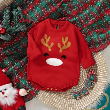 MALCIKLO/ Рождественский комбинезон для маленьких мальчиков и девочек, Вязаное боди с круглым вырезом и принтом Оленя, комбинезон для новорожденных