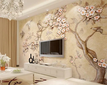 Обои Beibehang на заказ 3d с трехмерным тиснением, красочные резные цветы, ветви, птицы, фон для телевизора, 3D обои для стен