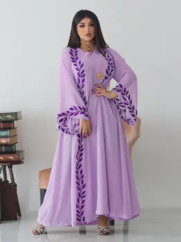 Летнее Шифоновое арабское платье с шарфом, расшитое листьями Джалабии, Исламская одежда, Вечерняя вечеринка, Дубай, Абая, Мусульманский Рамадан, Ид