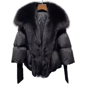 2023 Новая осенне-зимняя куртка на гусином пуху, теплое женское пальто, негабаритный воротник из натурального лисьего меха, Толстая Роскошная модная верхняя одежда