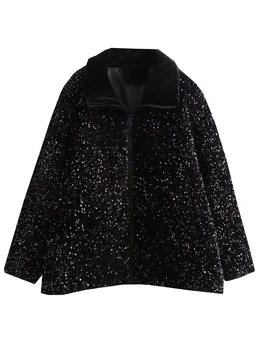 Зимняя черная куртка с блестками, женское зимнее пальто, винтажная толстая бархатная куртка, женская блестящая куртка-бомбер 2023