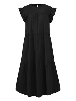 Женское Элегантное платье миди без рукавов с оборками и имитацией выреза, Повседневный Свободный крой, Струящаяся осенняя уличная одежда