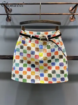 Летняя Новая модная Милая короткая юбка с принтом в виде разноцветных блоков, Джинсовая юбка с высокой талией, Женская тонкая Элегантная юбка-футляр трапециевидной формы