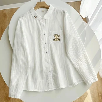 Демисезонный Cartoo вышивка двойной хлопок женская одежда белого цвета блузка с длинными рукавами топы U253