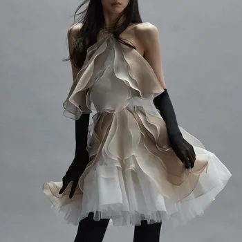 Шифоновое мини-платье Hakter с оборками, Белое женское летнее платье 2022, Многослойная женская одежда, новейшая мода, атласное платье на молнии