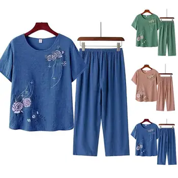 Женская футболка с коротким рукавом, топ, брюки с цветочным принтом, Свободная одежда для отдыха, домашняя одежда