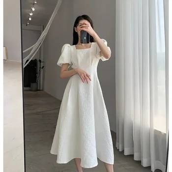 Корейская версия квадратного воротника, тонкая талия, темперамент, жаккардовое длинное платье с большими колебаниями, женское