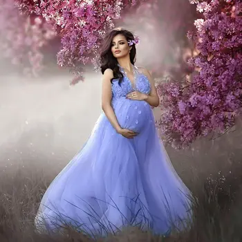 Сиреневое платье для фотосессии для беременных, Тюлевые платья для беременных, платья для душа с V-образным вырезом и аппликацией