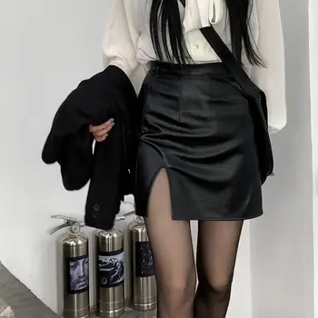 WJJJDFC, кожаная юбка в стиле панк, Женские черные Сексуальные мини-юбки трапециевидной формы с разрезом и высокой талией, Осенняя корейская мода, уличная одежда в стиле Харадзюку