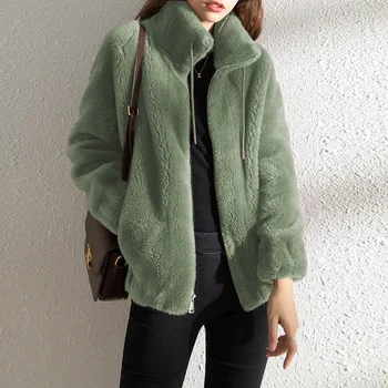 Корейская версия свободной теплой куртки из овечьей шерсти с завязками, женская куртка со стоячим воротником, плюшевая бархатная куртка в уличном стиле Harajuku, женская куртка