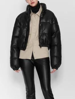 Зимние Толстые женские короткие парки, Теплая модная куртка-бомбер из искусственной кожи, черная хлопковая Стеганая Женская пуховая куртка на молнии