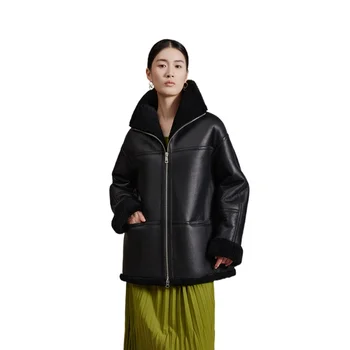 Женские зимние куртки из натуральной овчины, кожаные пальто, натуральный двусторонний мех, кожа, Женская Свободная одежда, Черный теплый