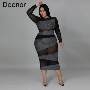 Платье Размера Deenor Puls с сетчатым сращиванием, Перспективные платья с длинным рукавом, Сексуальная Повседневная Женская одежда