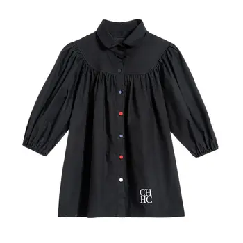 2023 Роскошные Черные Рубашки Для Женщин, Повседневная Блузка с коротким рукавом-Фонариком Из 100% Хлопка, Летняя Рубашка Camisa Feminina Blusas