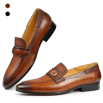 Модные Мужские кожаные лоферы с боковой пряжкой, Модельные туфли в Британском стиле, Клетчатая удобная обувь ручной работы на низком каблуке без застежки, zapatos de hombre
