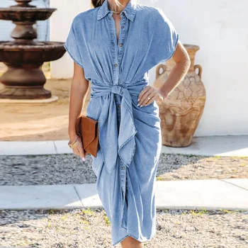 Модное длинное джинсовое платье, женские летние джинсовые платья с лацканами, однобортные джинсовые платья, синее тонкое повседневное платье с разрезом и короткими рукавами
