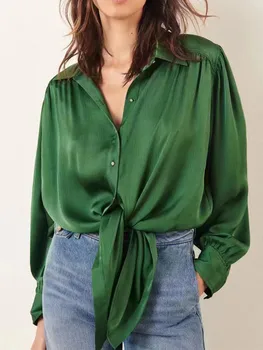 Зеленая блузка с французским отложным воротником для женщин, элегантная однобортная женская рубашка с длинными рукавами и топы