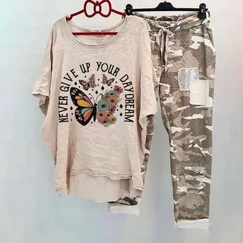 Женский комплект из двух предметов с принтом бабочки, хлопковая льняная блузка в стиле Бохо, футболка, Камуфляжный костюм с длинными штанами, Женская одежда с коротким рукавом
