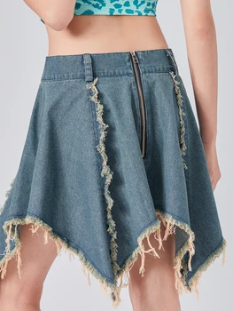 Женские летние однотонные повседневные мини-юбки неправильной формы, джинсовые юбки с потертым подолом, джинсовые юбки на молнии, уличная одежда