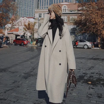 Женские Двубортные Утолщенные шерстяные пальто, длинные куртки в стиле Ретро с карманами, осенне-зимняя теплая британская женская верхняя одежда
