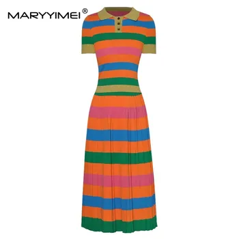 MARYYIMEI/ летний женский костюм, футболка с короткими рукавами, топ + плиссированная юбка, полосатый вязаный эластичный модный комплект из двух предметов