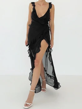 Женское Длинное платье без рукавов с сексуальной отделкой с оборками, Однотонное Повседневное вечернее платье с разрезом и V-образным вырезом для коктейлей, летняя уличная одежда