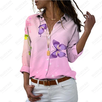 Весенне-осенняя Женская рубашка с длинным рукавом, рубашка с 3D принтом Бабочки, Повседневная Удобная Рубашка, Свободная повседневная рубашка с длинным рукавом