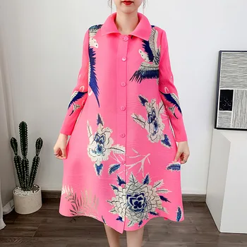 Плиссированное платье в стиле Miyake для Женщин, Весенняя Новинка 2023, Модный Принт, Большие Размеры, Свободные Повседневные Однобортные платья-Кардиганы для Женщин
