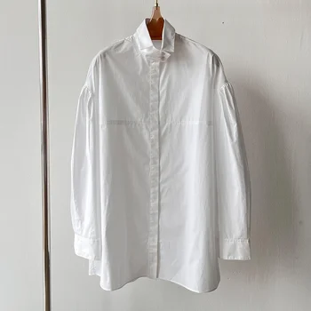 Белая Женская рубашка с модной бриллиантовой пряжкой, отложным воротником, Длинным рукавом, Повседневная Свободная хлопчатобумажная блузка, Офисная классика, базовые топы