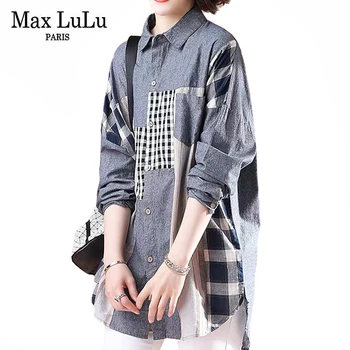 Max LuLu 2021, Повседневные рубашки с длинными рукавами, Клетчатые Свободные блузки, Осенние женские топы с принтом, Винтажная уличная одежда в стиле пэчворк, Белая одежда