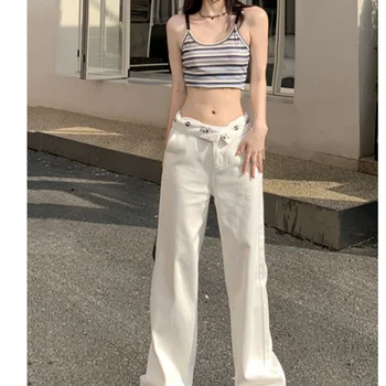 Женские Белые джинсы с высокой талией, Корейская Уличная мода, Широкие Джинсовые брюки, Прямые Мешковатые Джинсовые брюки для мамы