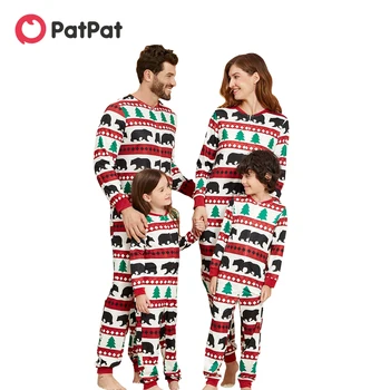 Семейные Комбинезоны с рисунком Рождественской елки и медведя PatPat, комплекты пижам Flapjack (огнестойкие)