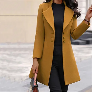 Женское Шерстяное пальто с длинным рукавом, модный Костюм, воротник, однотонная длинная куртка, Осенняя модная длинная куртка-кардиган в корейском стиле