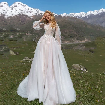 Лидер продаж, Изящные Свадебные платья для Новобрачных с длинными рукавами, украшенные драгоценными камнями, с аппликацией на пуговицах сзади, Свадебные платья для невесты 2021