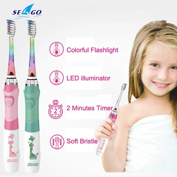 Электрическая зубная щетка Seago Для детей, красочный светодиодный фонарик, частота ударов 16000, Щетина Dupont, 2 головки, звуковая вибрация