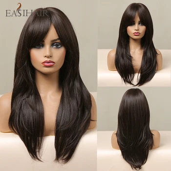 EASIHAIR Длинные темно-коричневые синтетические парики для женщин, натуральные Многослойные парики с челкой, парики из натуральных волос, термостойкий парик для косплея
