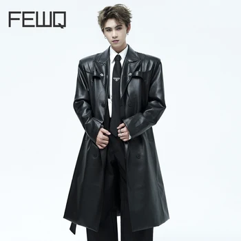 Мужская Длинная мотоциклетная кожаная куртка FEWQ, осень-зима, Двубортный дизайн с поясом, наплечная накладка высокого качества, мужские топы