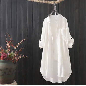 Белая Рубашка Женская 2023 Весна-лето, Корейская мода, Простые однотонные длинные рубашки, Женские Свободные дышащие рубашки миди и блузки