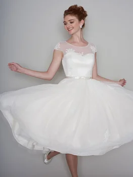 Винтажное свадебное платье из тюля в горошек длиной до чая 1950-х годов, Кружевное Свадебное платье с коротким рукавом-кепкой, вечеринка по случаю Помолвки невесты, Вечернее платье