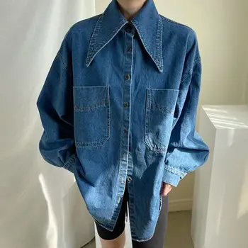 Корейский шик осень Винтаж указал образным вырезом однобортный свободные карманные мыть синяя джинсовая рубашка топ пальто