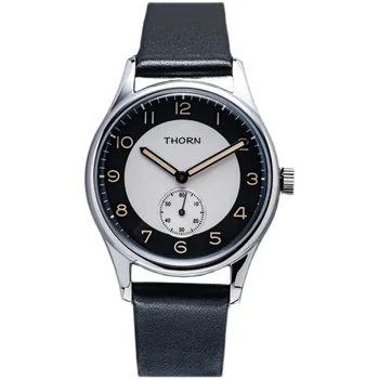 Мужские винтажные наручные часы THORN с серебряным циферблатом 37,8 мм, Светящийся кварцевый механизм в простом стиле, мужские часы для платья