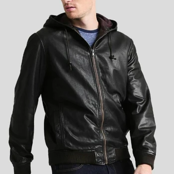Куртка из натуральной кожи, мужская байкерская мотоциклетная Винтажная черная толстовка с капюшоном, куртки из натуральной кожи