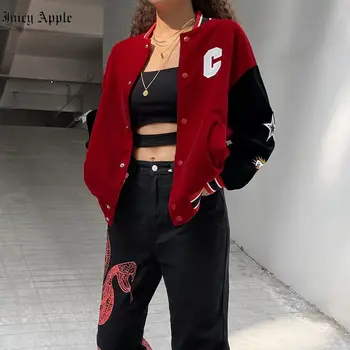Juciy Apple, Женская куртка-бомбер, Университетский американский бейсбол, куртка с длинным рукавом, Красные бомберы, женские зимние пальто в стиле хип-хоп с вышивкой, топы