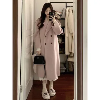 Осенне-зимняя корейская мода 2023 года Универсальное расслабленное шерстяное пальто премиум-класса средней и длинной плотности Женский тренд