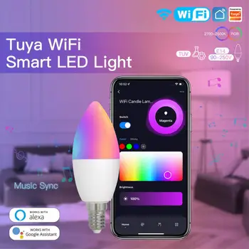 Tuya WiFi Smart Bulb E14 RGB LED Лампочка С регулируемой яркостью, Таймер Smart Scene, Пульт дистанционного управления Smart Life Через Alexa Google Home Alice